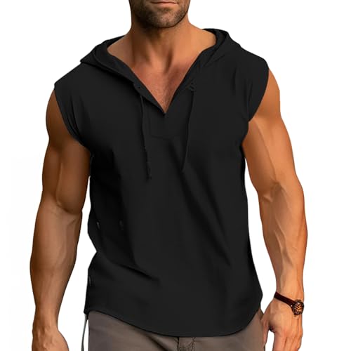 Cooleep Debardeur Homme Coton Musculation Tank Top Sport Tee Shirt sans Manche Débardeur à Capuche Fitness Noir M