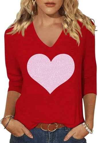 Image of Womens 3 /4 Sleeve V Neck Valentine T Shirts Love Heart Printed Graphic Tee Tops