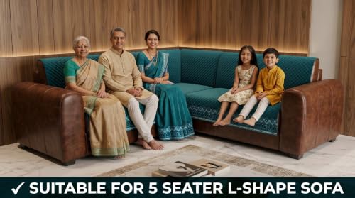 Image of KINGLY L-Shape Sofa Cover 5 Seater 3+2 Velvet Full Cover - Teal Blue | Fully covered quilted velvet slipcover, washable anti-slip furniture protector, L-type corner sofa cover for living room