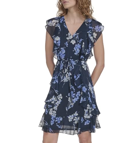 Image of Tommy Hilfiger Women's Sleeveless V-Neck Ruffle Trim Tie Waist Chiffon Mini Dress