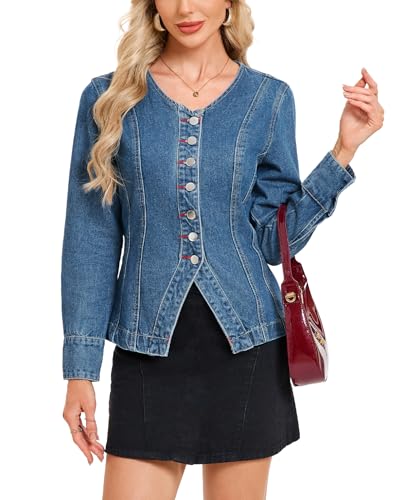 Women's Collarless Denim Jacket Long Sleeve Button Down V-Neck