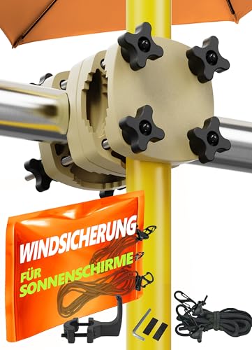 4smile Sonnenschirmhalter Balkongeländer SunnyGuy + Windsicherung für Sonnenschirme - Schirmhalterung Balkongeländer als Sonnenschirmständer Balkon - Sonnenschirm Halterung Balkon, Sandbraun