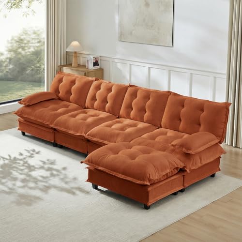 Image of 138 inch L-Shaped Sectional Couches for Living Room, Orange 4 Seater Modern Chenille Deep Seat Sofa Set, Salas para Casa, High Back Cloud Couch Modular Sectional Sets with Ottoman