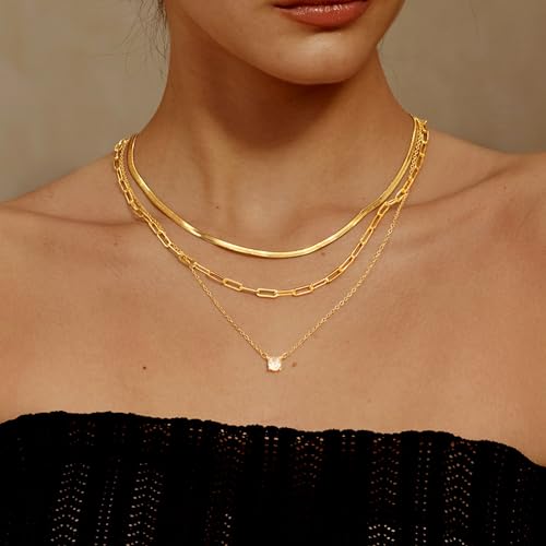 MBW Gold Layered Set Necklaces for Women, Dainty 14K Gold Plated Layered CZ Pendant Necklaces Simple Gold Herringbone Snake Choker Cuban Link Paperclip Chain Necklace Jewelry Sets for Women Girls2