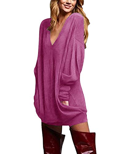 ZANZEA Jerseys Mujer Largos Cuello V Manga Larga Otoño Vestidos Sudadera Casual Tallas Grandes Suéter Suelta 01-Rosa M
