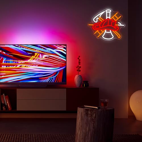 Image of Mutank Firefighter Gear Neon Sign, Fire Equipment Neon Light USB Powered LED Dimmable, for Fire Department Rescue Room Rescue Team Fire Truck Emergency Responder Department Sign(13.3 * 11.4 In)