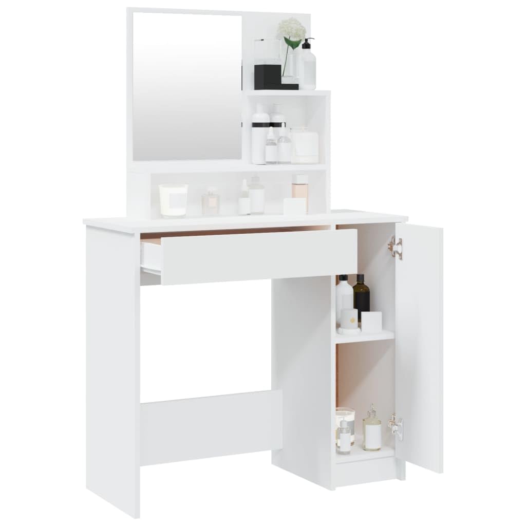 Schminktisch mit Spiegel Weiß 86,5x35x136 cm Holzwerkstoff mit Schublade und Ablage für Kosmetika, Makeup und Pflege, inkl. Stauraum, LED Beleuchtung