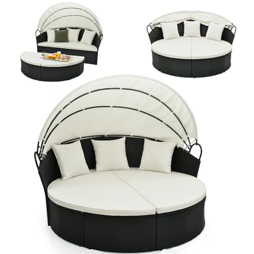 GYMAX 2-en-1 Canapé-Lit Jardin Extérieur Rond avec Pare-Soleil, Coussin Amovible, Oreillers, Salon Jardin Rotin pour Bain de Soleil Pelouse Terrasse