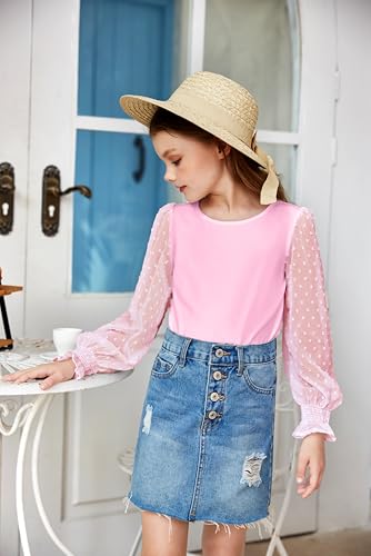 Image of Arshiner Girls Long Sleeve Shirt with Ruffle Cuffs Polka Swiss Dots Kids Girls Pullover Shirts Cute Crewneck Girls Top