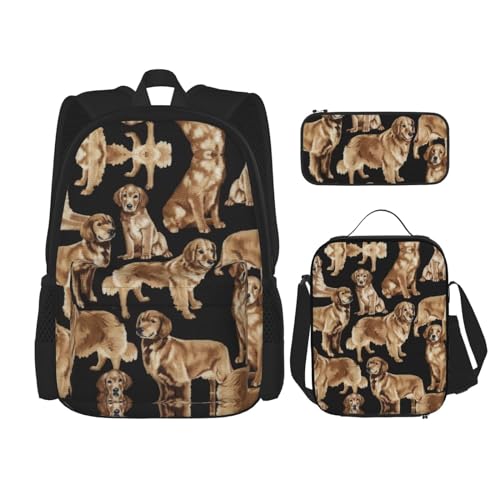 Sac à dos Golden Retrievers avec sac à déjeuner et trousse scolaire noire