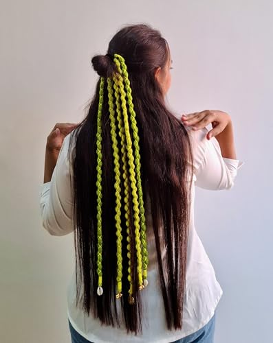 Image of Zippy Flora Boho Handmade Rang Parandi Hair Accessory, Braided Hairband for Women, Traditional Ethnic Look (Green, Full Length (20-22 inch))