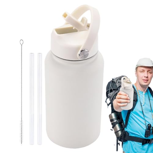 Botella de agua aislada al vacío, botella de agua de gimnasio de doble pared con popote y tapa de asa, 650 ml, cantimplora portátil para fitness, deportes y al aire libre