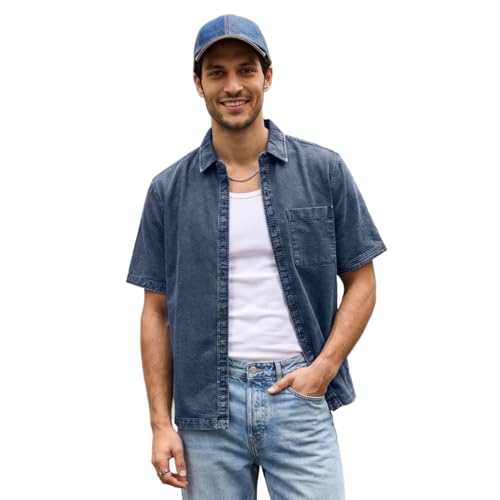 Image of Urbano Fashion Men's Oversized Fit Half Sleeve Washed Casual Denim Shirt
