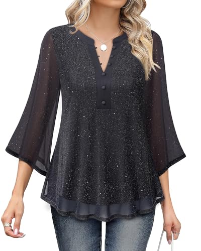 VALOLIA Women Blouses 3/4 Length Sleeve Mesh Shirts Dressy Casual V Neck Double Layers Flowy Tops2