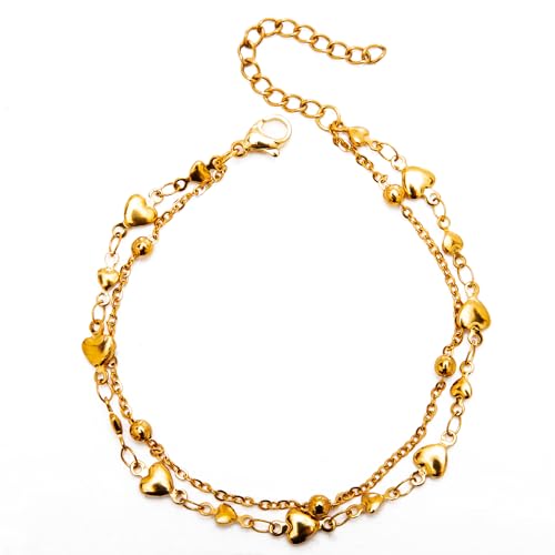 Catálogo para Comprar On-line Accesorios para Dama comprados en linea. 50 Pulseras para Mujer con Baño Oro 18K con Corazón, Brazalete de Acero Inoxidable de Doble Cadena, Joyeria Accesorios Ajustable – Moda Regalos para Mujer Cumpleaños para Mamá...