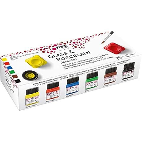 KREUL 16600 - Glass & Porcelain Set Classic, 6 x 20 ml in gelb, rot, blau, grün, cognac und schwarz sowie ein Pinsel, brillante, deckende Glas- und Porzellanmalfarbe Cover