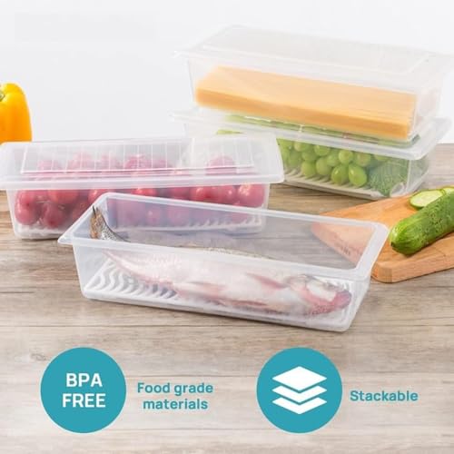 Image of VOLCANO 1500 ML Fridge Storage Containers (Pack of 4), Fridge Organiser Storage Boxes with Removable Drain Plate, Fridge Organizer, Fridge Storage Box Kitchen Containers Keep Fruits Vegetables Fresher