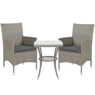 Outsunny 3 Pieces Rattan Bistro Set, Wicker Garden Furniture Set with 2-Tier Coffee Table and Chairs, Washable Cushions, for Outdoor Patio Balcony, Grey