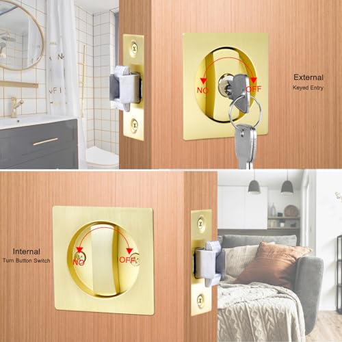 Dontay Pocket Door Hardware and Edge Pull con cerradura cuadrada, acabado en latón satinado, para puertas de dormitorio de 1-3/8 a 2-1/4 pulg, tirador grande, aleación de zinc, montaje empotrado miniatura 2