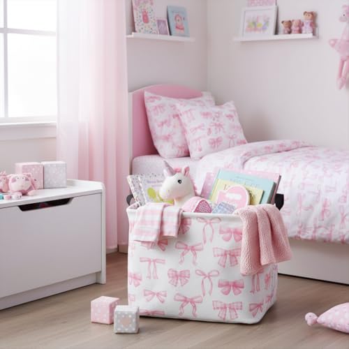 Image of Rectangular Kids Basket Baby Girl Basket Fabric Storage Bin Organizer Box Room Decor(Beautiful Bowknot)