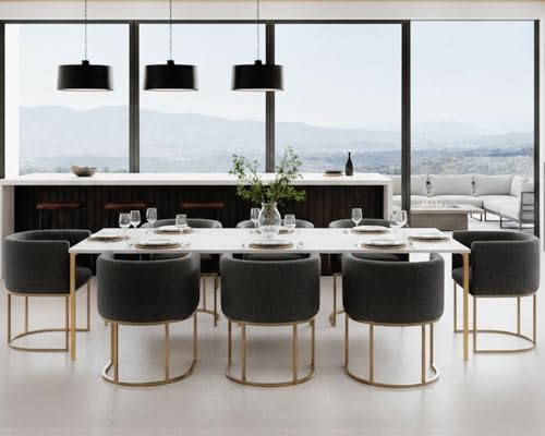 Image of HNY Mid Century Modern Upholstered Barrel Dining Chairs with Arms Set of 8, Linen Kitchen & Dining Room Chairs, 18.5 inch Wide Accent Chairs for Dining Room Living Room with Gold Metal Frame, Charcoal