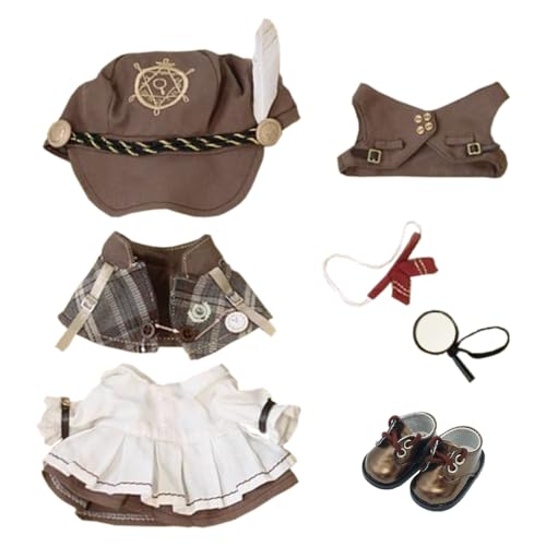 niannyyhouse 20cm ぬいぐるみ 服 帽子 ショール ドレス ワイシャツ ズボン ベスト 蝶ネクタイ 靴 付属品 チェック柄のスーツ 綿人形 着せ替え (Brown-1)