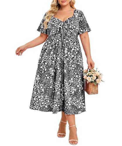 Image of CARCOS Plus Size Dresses for Curvy Women Tie Sweetheart Neck Summer Maxi Dress Short Sleeve Empire Waist Floral Boho Dress