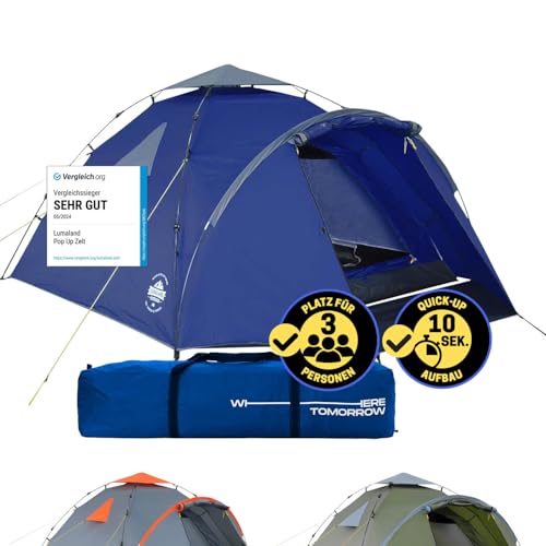 Lumaland Pop Up Zelt | 3-4 Personen Familienzelt | Wurfzelt Innenmaße 210x210x120 cm | Wasserdicht & Windfest | Ideal als Camping, Festival & Reise Zelt | Ultraleicht & Robust [Blau]