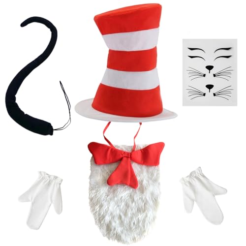 RenSton 5 PCS Cat in the Hat Costumes Adult Child Halloween Crazy Cat Fancy Dress Costume for World Book Day Halloween Carnival Cosplay Cat Costume