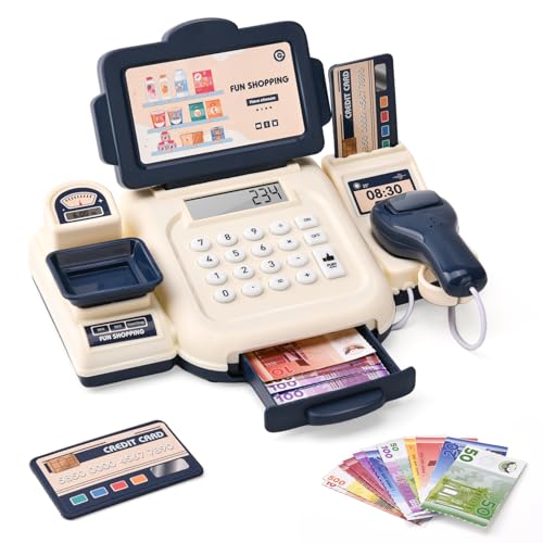 LTFIOON Kasse Kinder, Elektronische Kinderkasse mit Scanner, Spielgeld und Taschenrechner,