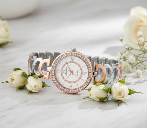 Image of IIK COLLECTION Watches for Women Round Studded Dial |Analogue Quartz Movemnet Ladies Watch|Long Battery Life|Stainless Steel Adjustable Bracelet Chain Strap|Double Lock Clasp Safety Watches for Girls