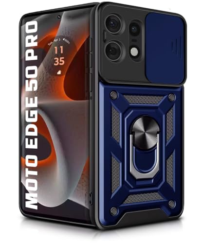 Image of WOW IMAGINE Tough Armor Bumper Mobile Back Case for Motorola Moto Edge 50 Pro | Sliding Camera Shield Cover | Shock Proof 360 Protection | Hybrid PC + TPU | Ring Holder with Kickstand - Blue