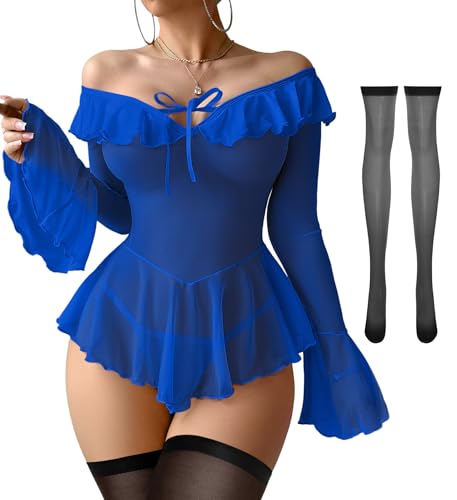 Image of Foxiny Sheer Ruffle Long Sleeve Babydoll Lingerie Dress | Off-shoulder neckline, flared cuffs and a flounce hem add movement; thong and thigh-high stockings complete the 3-piece set