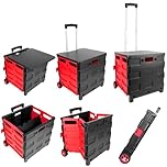 35L Folding Shopping Cart with Lid, Telescopic Handle, Heavy Duty Folding Trolley Box Cart, Foldable Shopping Trolley, Multipurpose Utility Boot Cart for Storage, 42.5x37x45/98cm, Black+Red