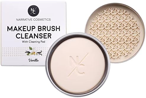 Narrative Cosmetics Makeup Brush Cleaner Soap with Silicone Scrubber Pad | Solid Cleanser for Brushes & Beauty Blenders | Vegan, Cruelty-Free, Avocado Jojoba Argan Oil, Vanilla Scent, 2.45 Oz