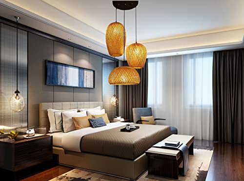 Bamboo Lantern Pendant Lamp LED Hanging Lamp Modern Weave Single Light Pendant Lamp Ceiling Hanging Light with Adjustable Cord for Restaurant Dining Room Bedroom (3in1) - Image 4