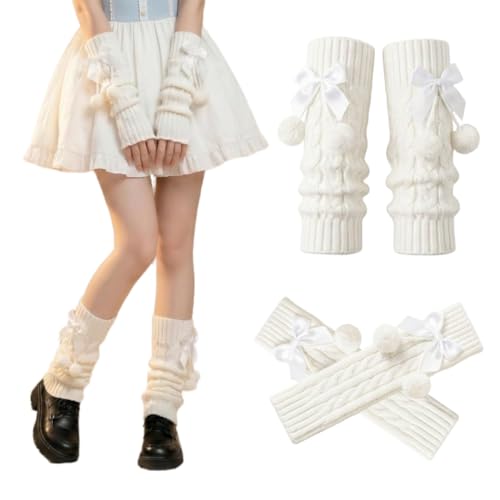 Ziyutam Knit White Leg Warmers and Arm Warmers Set with Bows and Pom Poms, Kawaii Y2K Lolita Harajuku Fairycore Accessories for Women