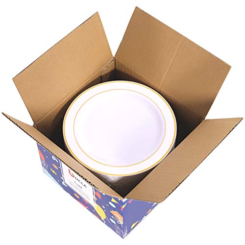 Bucla 100Pieces Gold Plastic Plates -6.25Inch Disposable Salad/Dessert Plates- White With Gold Rim Premium Hard Plastic Appetizer Plates/Small Cake Plates For Weddings& Parties #TOP4