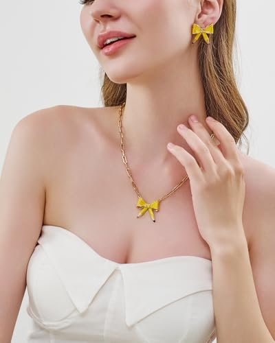 Cute Teacher Necklace For Women Yellow Enamelled Pencil Bow Pendant Necklace With Gold Chain Back To School Teacher Jewelry Gift2