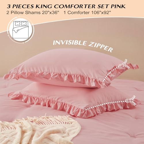 Image of HARBOREST Lightweight 3 Pieces- Ruffle Bed Set Vintage Farmhouse Soft Comforter Set with 2 Pillow Shams(King, 106x92 inches, Pink)