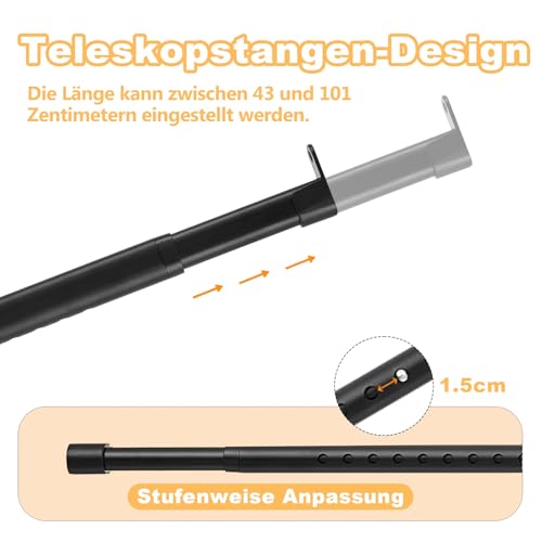 Kleiderstange Schrank 25mm, Kleiderstange Ausziehbar mit 2 Halterung, Oval Kleiderschrank Stange für Kleiderschrank, Fenster (Schwarz, Länge 43-101 cm)