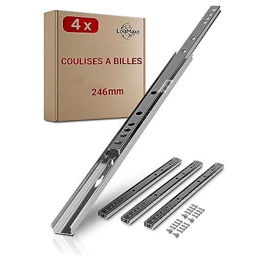 LouMaxx glissiere pour tiroir 246 mm pour rainure 17 mm – 2 paire (gauche/droite) – coulisse tiroir avec sécurité anti-sortie – rail tiroir coulissant, montage facile, vis incluses
