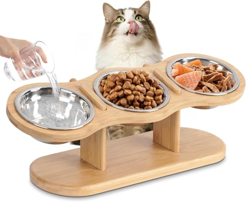 CILXGQLN Elevated Cat Bowls Raised Cat Food Bowls, 15° Tilted Pet Bowls for Cats Puppy Small Dogs, Raised Dog Bowl Stand Feeder Adjustable Dog Cat Food Water Bowls Stand with 3 Stainless Steel Bowls