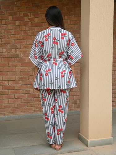 Image of Cotton Floral Printed 2 Piece Night Suit Top & Pajama Set for Women & Girls