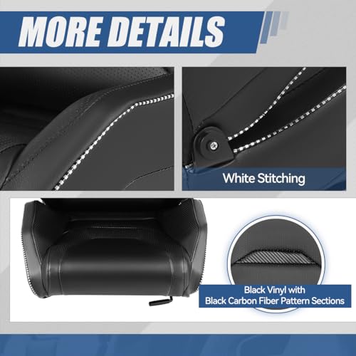 Auto Dynasty Pair of Racing Seat Universal Vinyl Leather Carbon Fiber Reclinable Bucket Seats with Bottom Mount Sliders, 37 (H) x 20.5 (W) x 23 (D) Inches, Driver and Passenger Side, Black