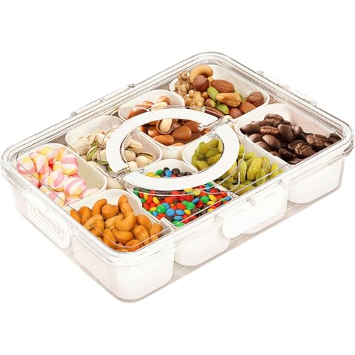 Longzhuo Divided Serving Tray with Lid and Handle Portable Food Storage Container Snack Tray 8 Removable Compartment Box Clear Organizer for Veggie Candy Fruit Snacks