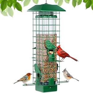Squirrel Proof Bird Feeder Metal Bird Feeders for Outdoors Hanging Weight Activated 3Lb Capacity 4 Ports All Weather Tube Bird Feeder for Outside Cardinal Finch Bluebird Wild Bird Feeder