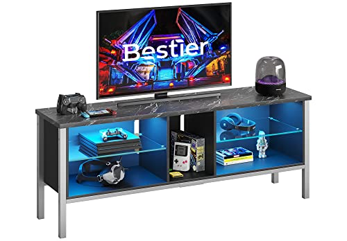 Bestier Tv Stand For 70 Inch Tv, Modern Marble Gaming Entertainment Center With Led Lights, Wood Tv Stand With Glass Shelves For Living Room Bedroom, Black Marble #TOP2
