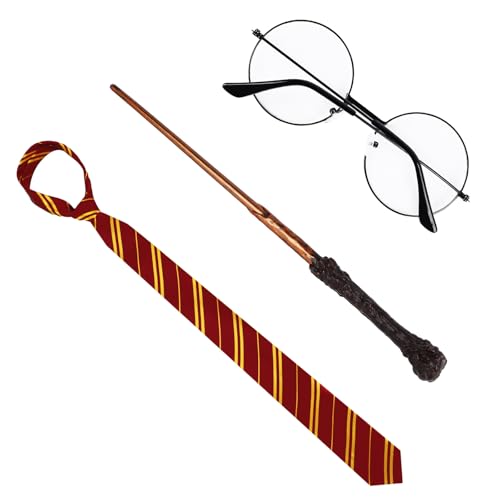 Serovenic Wizard Costume Accessories Set - Nerd Circle Glasses Red and Gold Tie and a Magic Wand Halloween Costume Accessory Set for Kids and Adults