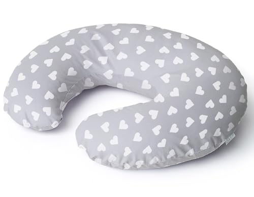 Niimo Coussin d' Allaitement Maternité Bebe avec Taie Coussin 100% Coton Amovible et Lavable Remplissage Oreiller de Fibres de Polyester (Grise-Coeurs)